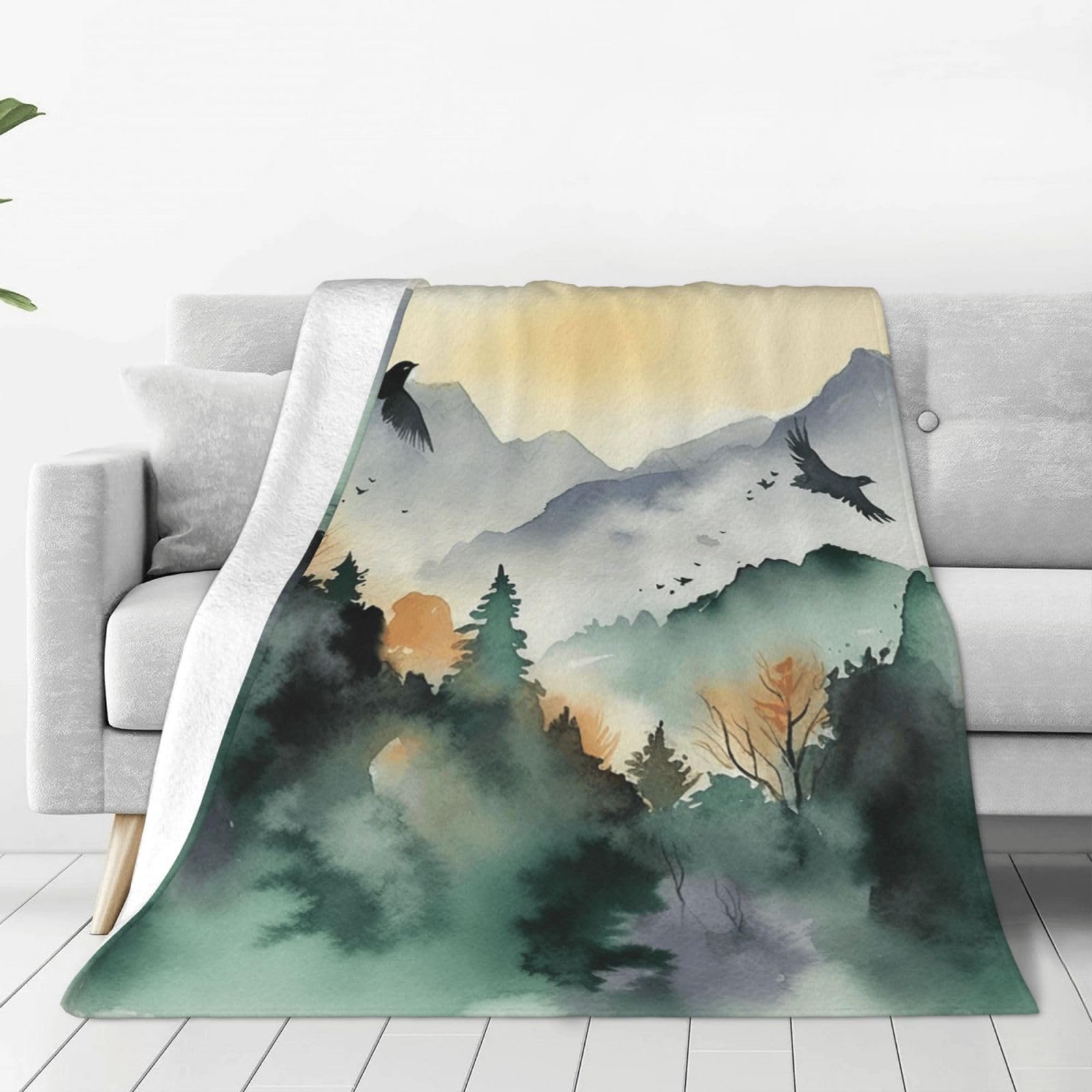 Mountain Birds Watercolor Throw Blanket for Couch, Plush Fuzzy Soft Flannel Blankets and Throws for Sofa, 80"x60" Bed Blankets for Travel Camping Chair, All Season Warm Fleece Blanket