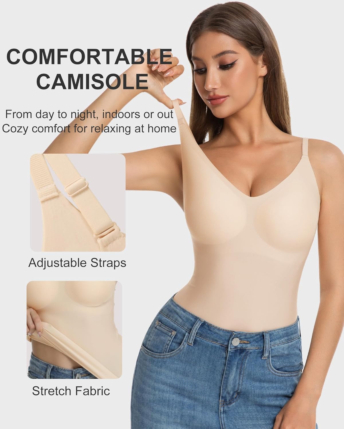 Vinfact V-Neck Lace Seamless Camisoles Tank Tops with Built in Bra for Women Summer Workout Going Out Tankini Camis - Image 3