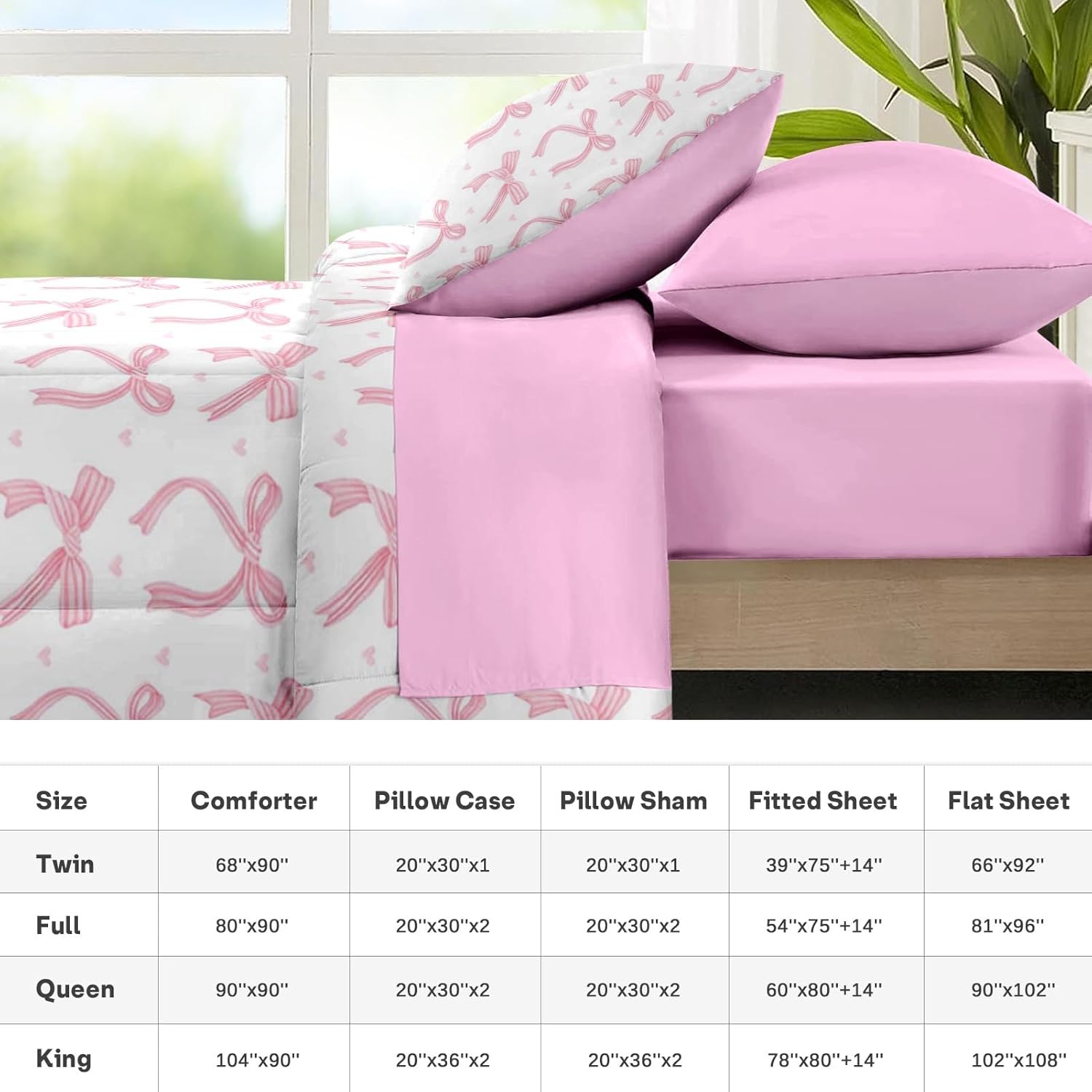 Nesker 7 Pcs Comforter Set Queen Size, Pink Bow Love Bedding Set for Kids and Adults, Pretty Trendy Girly Bed Sheet Sets with Fitted Sheet 2 Pillowcases & 2 Shams