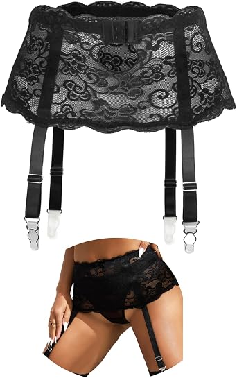 ohmydear Plus Size Suspenders Belt for Stockings Lace Garter Set | 4 Adjustable Wide Straps, Strong Anti-Slip Clips, Sexy Lingerie for Women, Mathing Fishnet Stockings, UK 8-22