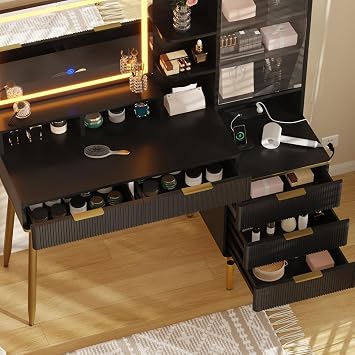 Modern Makeup Vanity Desk With HD Lighted Mirror&Power Outlet,Modern Glass Top Elegant Fluted Vanity Desk With Acrylic Protective Door,5 Drawers and Storage Shelf,Dressing Table for Bedroom(Black)