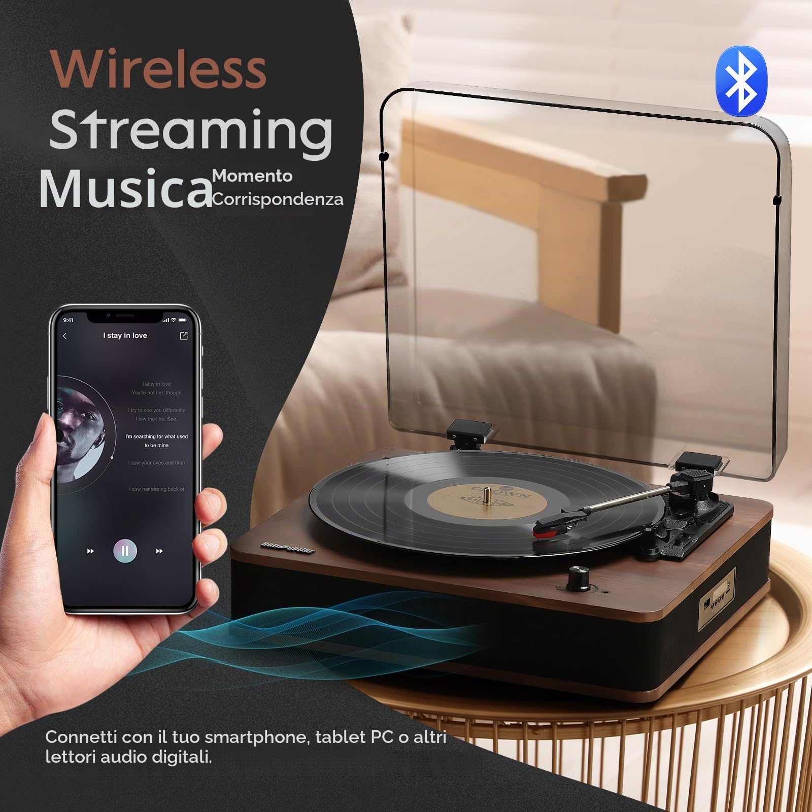 Giradischi, Giradischi Bluetooth Ingresso e Uscita con Altoparlanti Integrati, Radio FM, Registrazione Vinile-MP3, Riproduzione USB e SD, Schermo LED, Noce