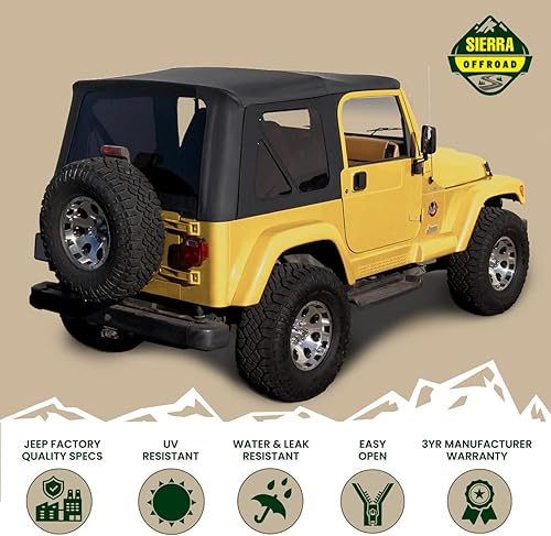 Miniatura 10 de Revestimiento superior estilo de fábrica Sierra Offroad para Jeep Wrangler TJ (1997-2002), funda blanda con vidrios polarizados, sin puertas Spice