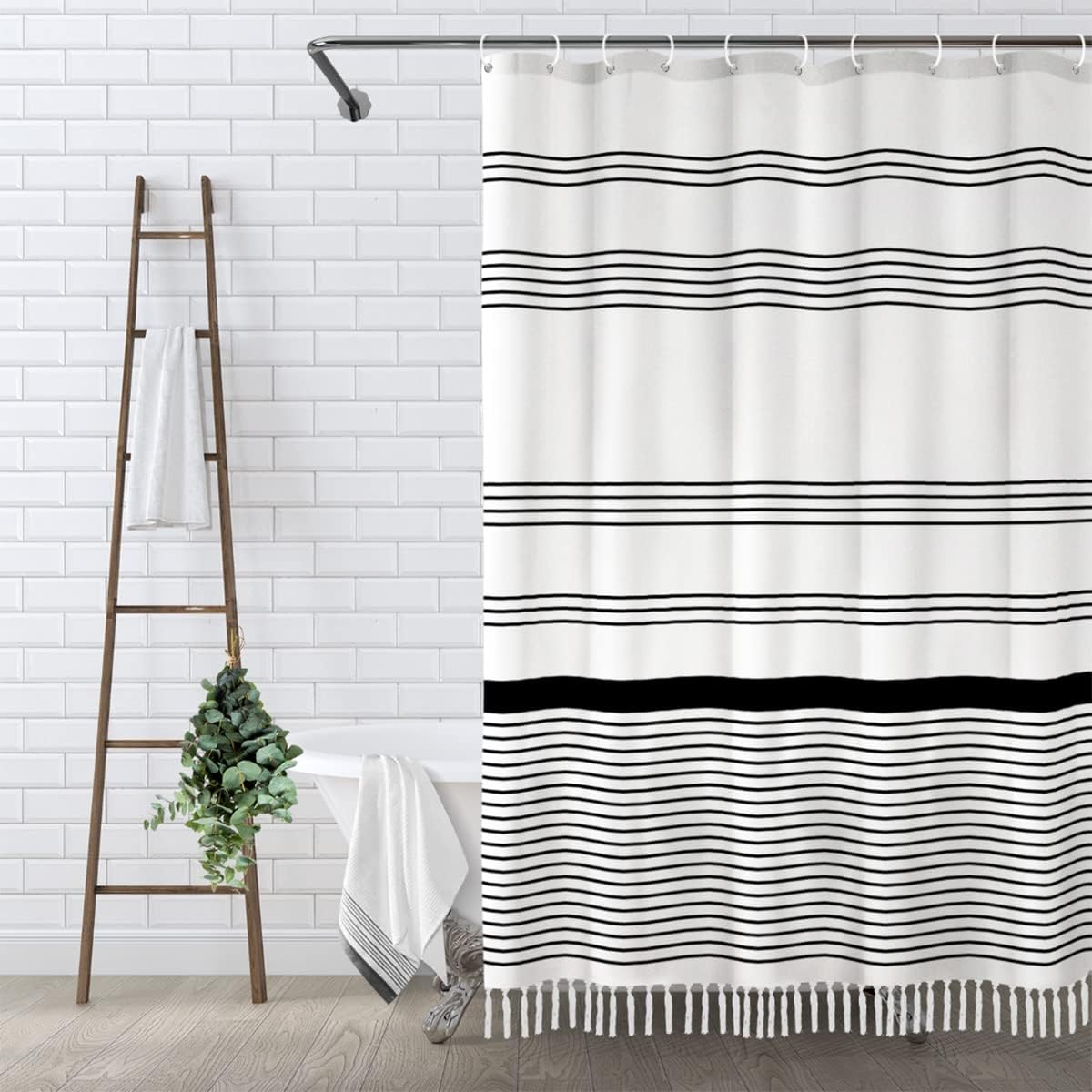 Awellife Boho Black Shower Curtain for Bathroom Farmhouse Natural Linen Stripe Tassel Shower Curtain (Black 1a, 72" L x 84" W)