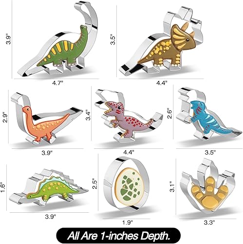 Miniatura 2 de Juego de 8 cortadores de galletas de dinosaurio, triceratops, huevo de dinosaurio, huella de dinosaurio, estegosaurio, T-Rex, moldes para hornear de