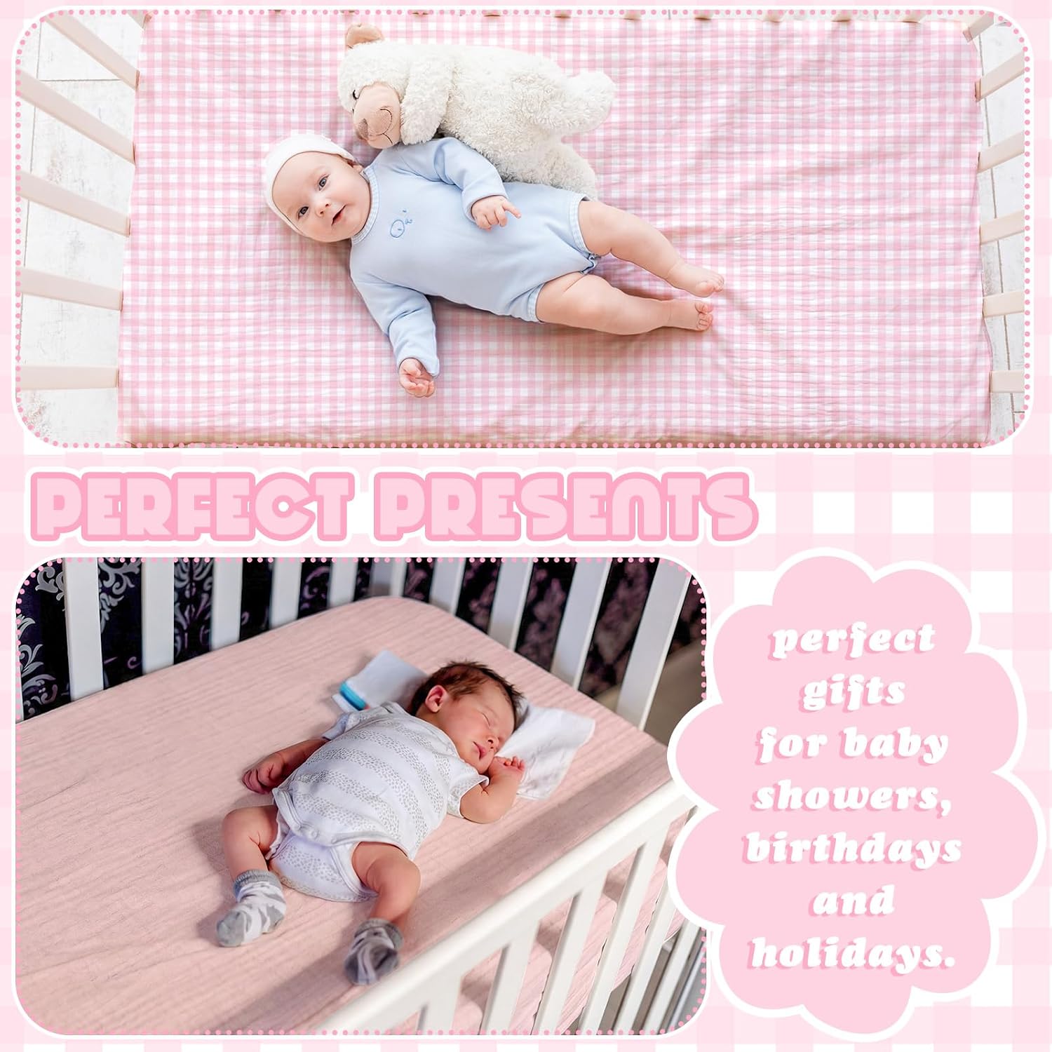 Breling 2 Pcs Muslin Pink and Pink Gingham Crib Sheets for Girl Soft and Breathable 100% Cotton Plaid Crib Baby Bed Sheets Checkered Fitted Mattress Cover for 52''x 28'' Standard Mattress Size