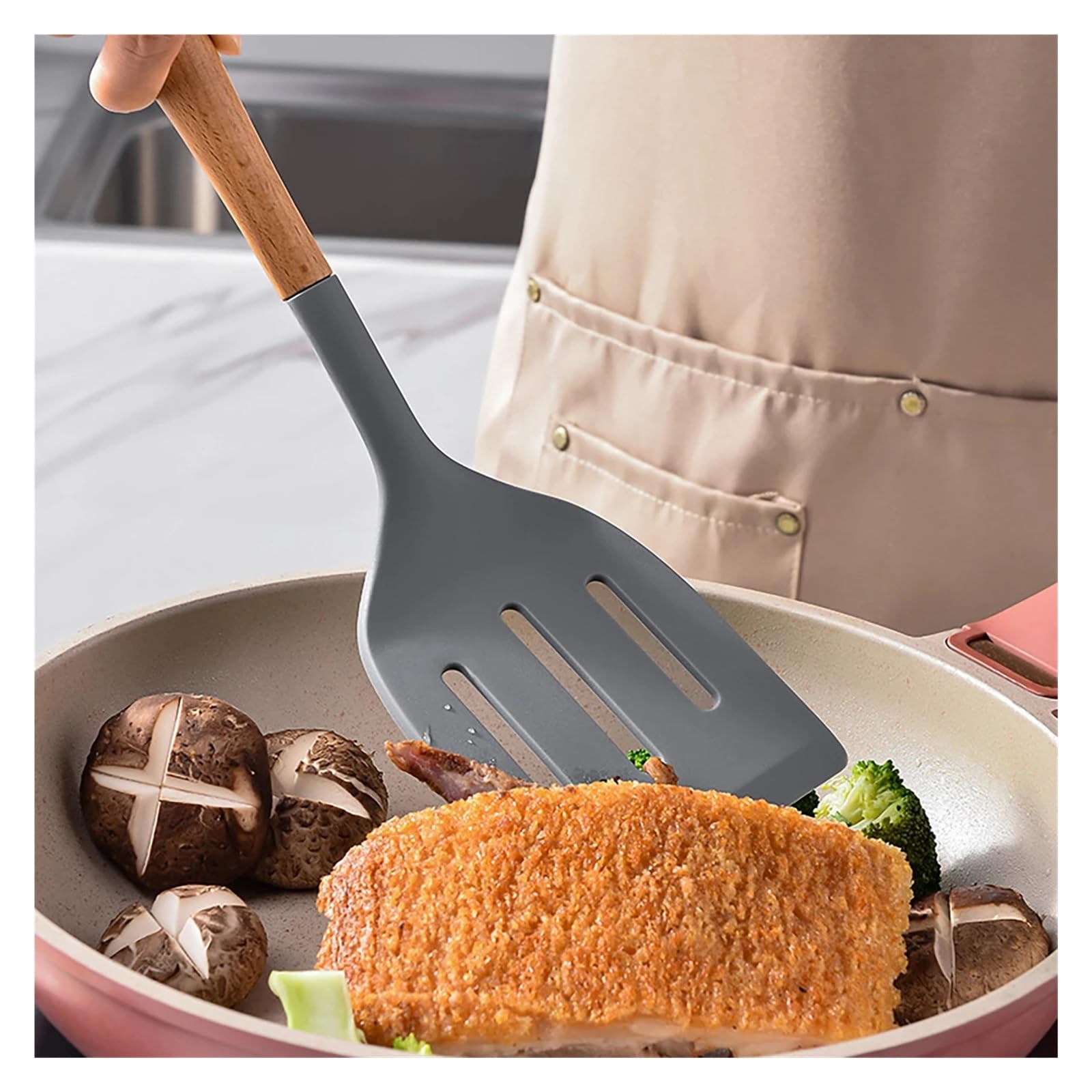 6/7-teiliges Silikon-Küchenhelfer-Set mit Spatel, Suppenlöffel, Küchenutensilien, Aufbewahrungsständer und Holzgriff(6Pcs Dark Grey)