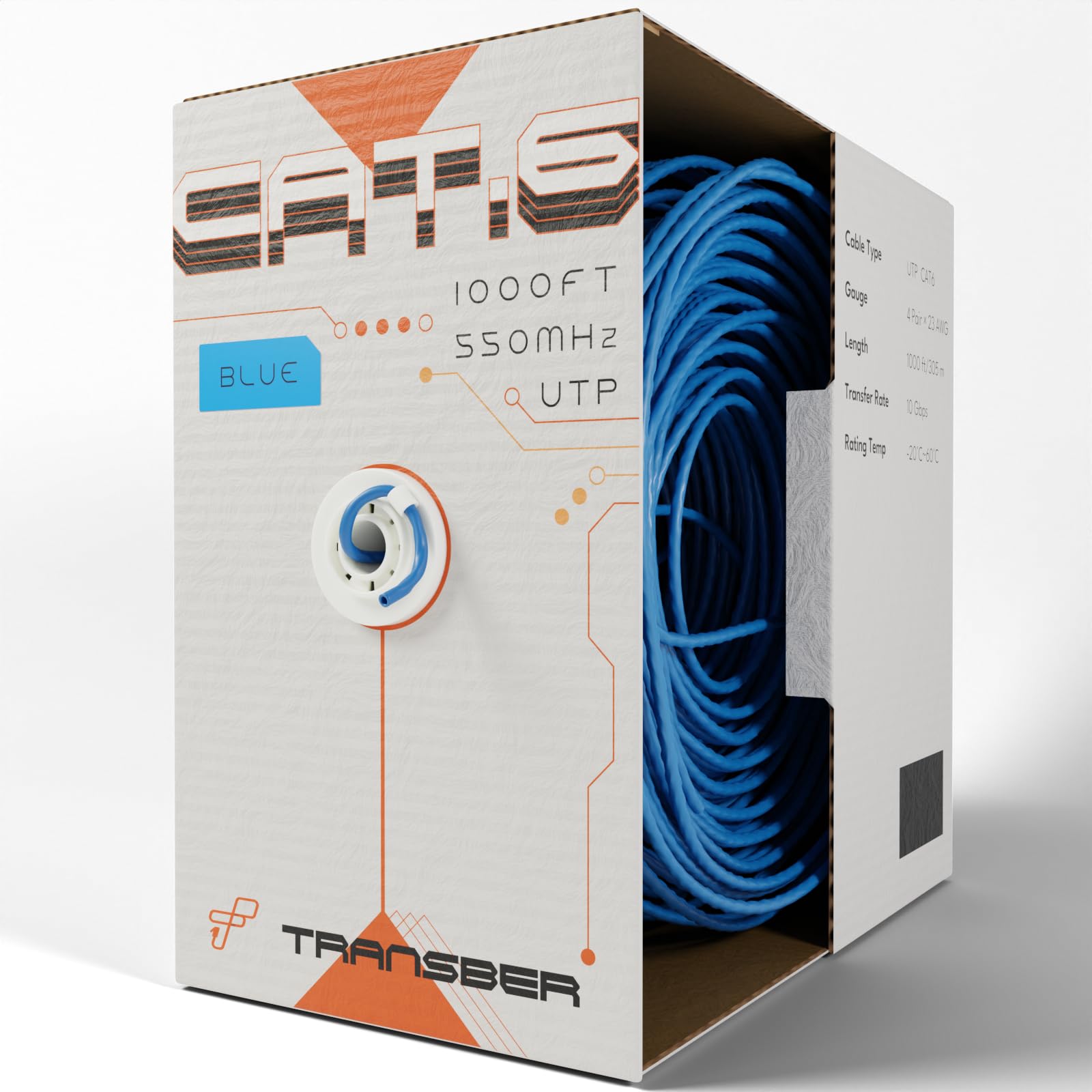 Transber, CAT6 1000ft Ethernet Cable Solid UTP Up to 10Gbps 550Mhz 23AWG 4x2 Pair Bulk Cable Network PoE++/4PPoE LAN Wire 1000-feet Easy Pull Box (Blue)