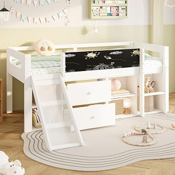 90x190cm Single Bed Frame with Full Length Security Fence, Slide and Blackboard, Wooden Loft Bed with 2 Drawers and Open Storage Racks, Removable Ladder, No Mattress, White