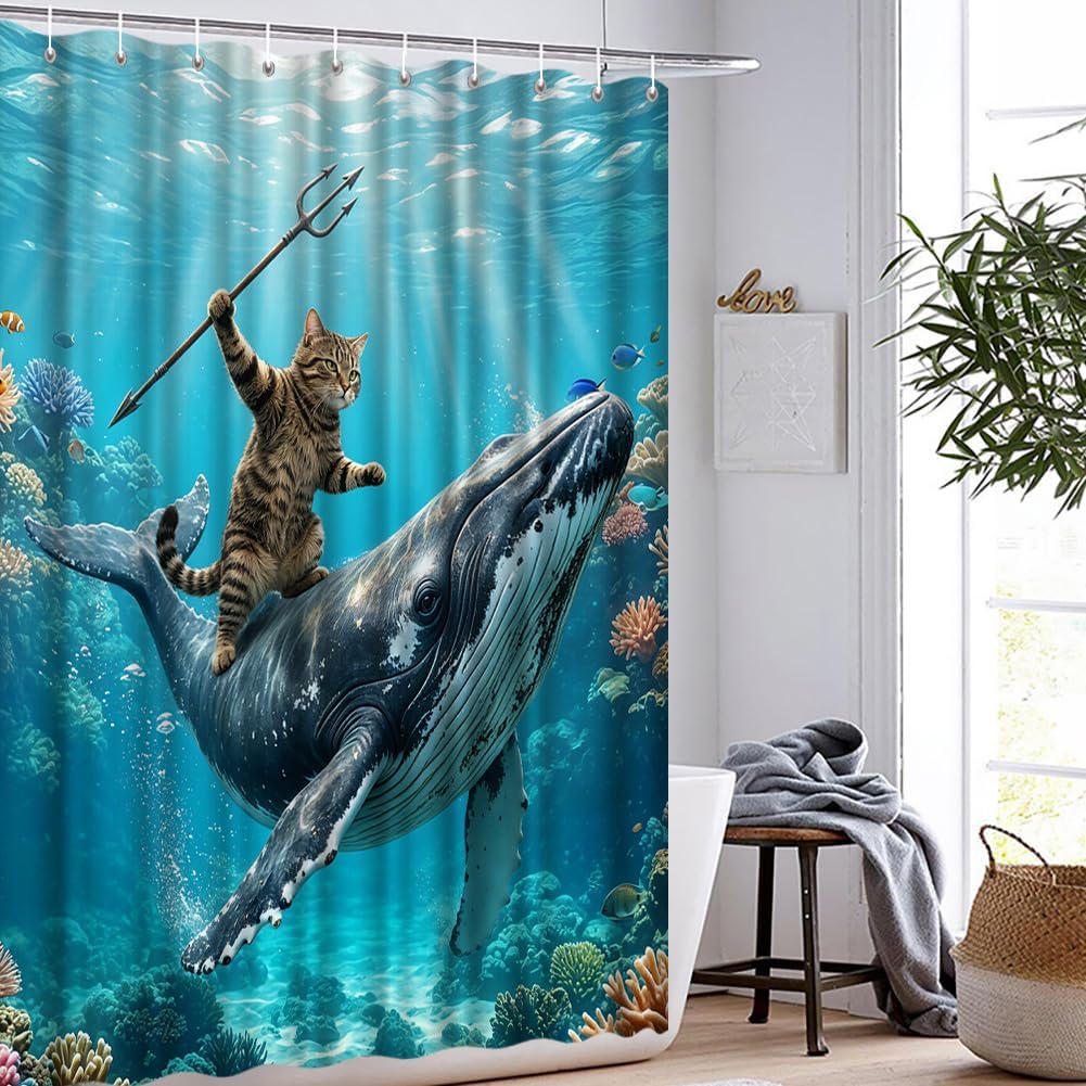 Funny Cat Riding Whale Shower Curtain Ocean Underwater Theme Colorful Coral Reef Bathroom Decor