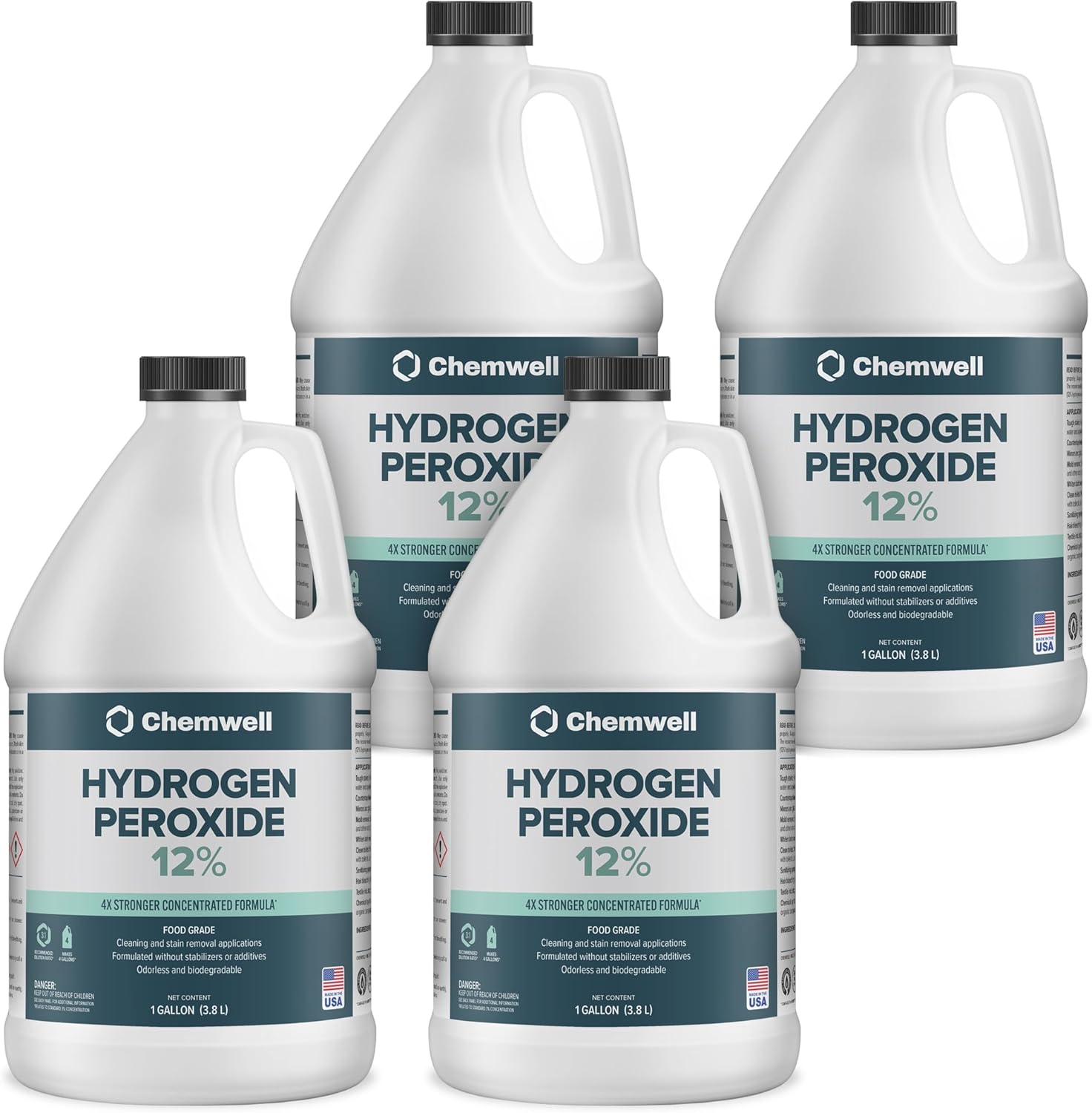12% Hydrogen Peroxide - 4 Gallons (1 Gallon, 4 Pack) - Multi-Purpose Cleaner for Home, Kitchen, Bath, and Laundry - Made in USA - for Household Use