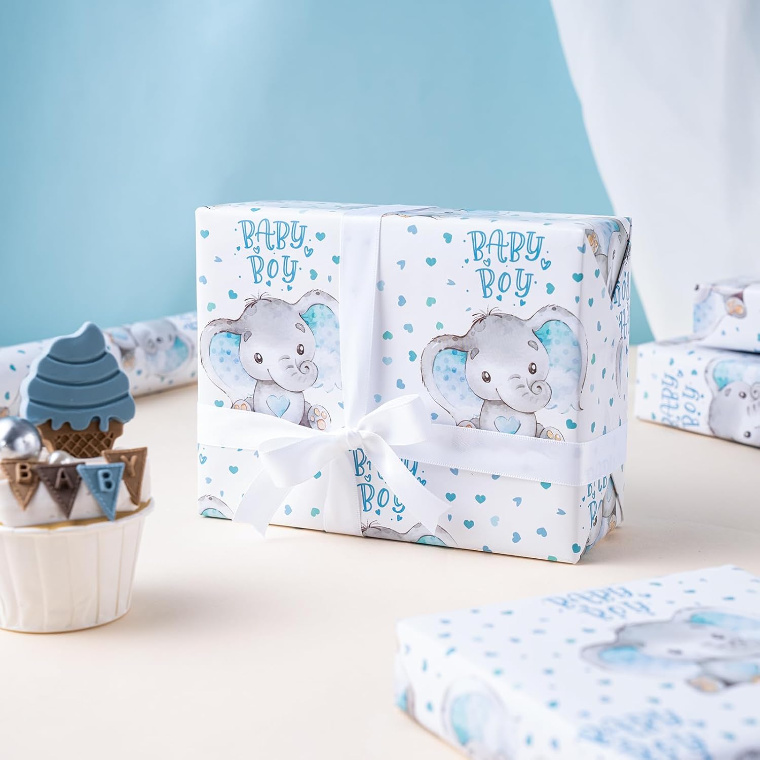 WRAPAHOLIC 30 Inch Baby Boy Wrapping Paper - 30 Inch x 33 Feet - Adorable Blue Elephant Design for Baby Shower, Party, Holiday