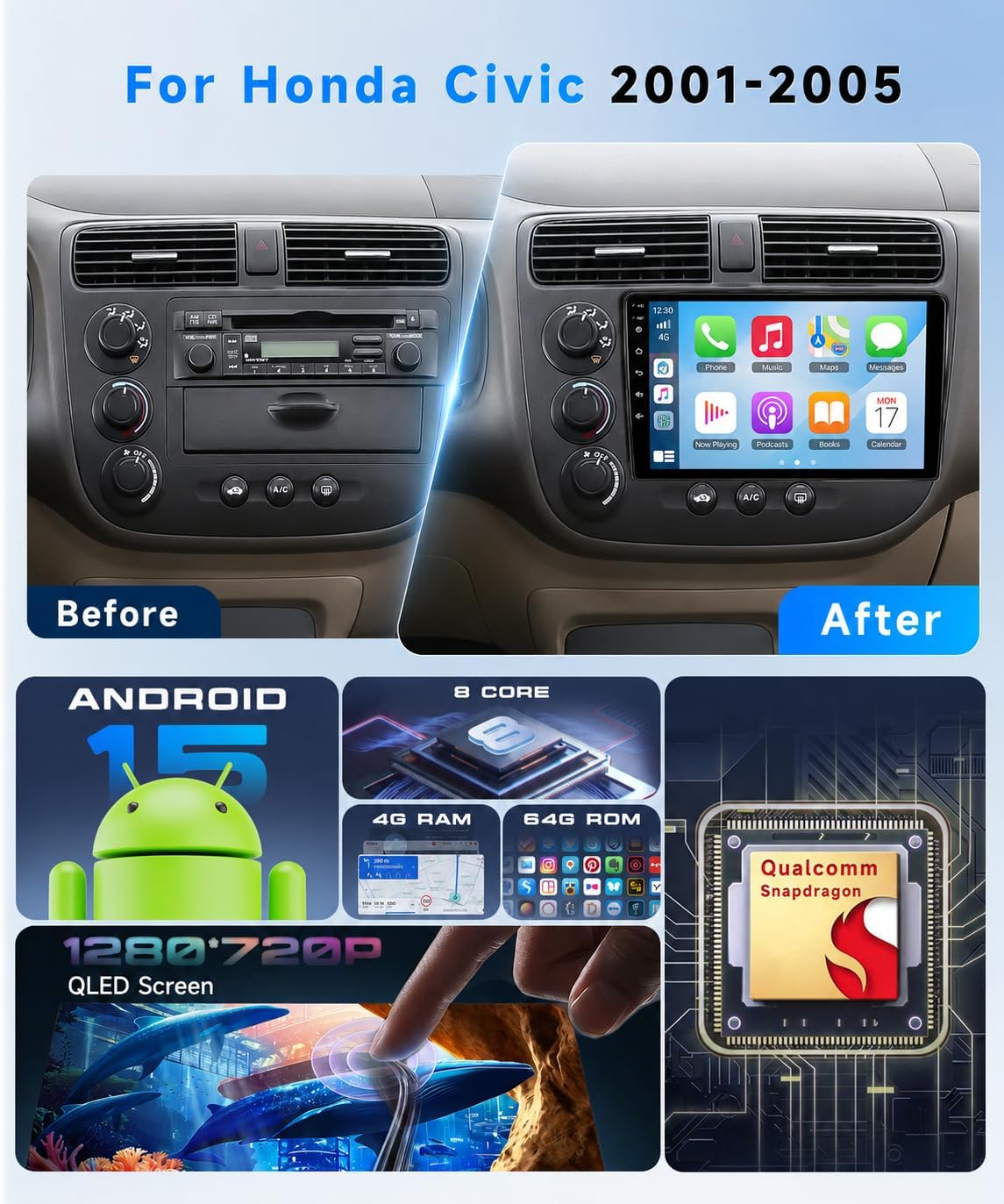 8-Core 4G+64G Car Stereo for Honda Civic 2001-2005, 9-Inch 1280P QLED Touchscreen Car Radio with 5G WiFi Wireless Carplay Android Auto DSP Bluetooth5.1 GPS Navi SWC Backup Camera