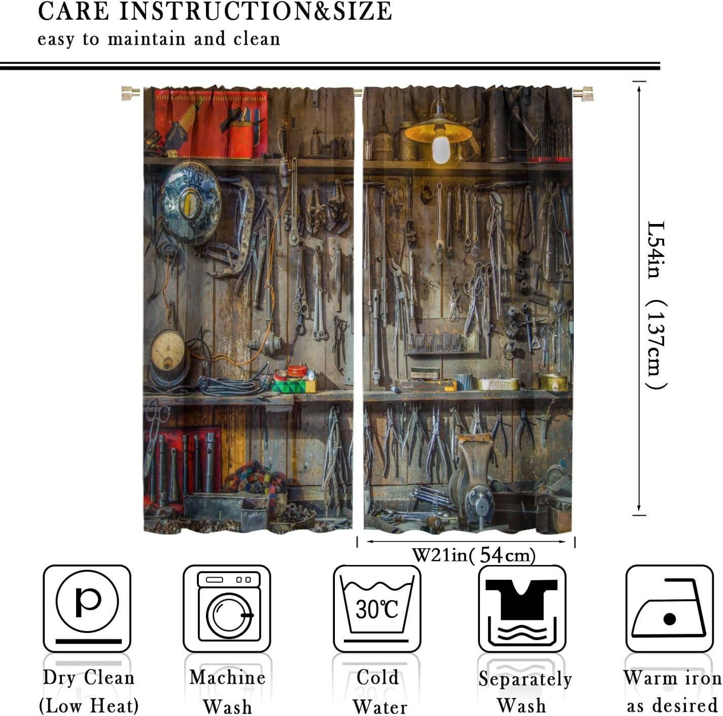 Man Cave Blackout Curtains Vintage Style Tools Hanging on The Wall in a Tool Shed Workshop Fixing Equipment Drapes with Rod Pocket for Home Decor Window Treatments 2 Panels 42x54 Inch