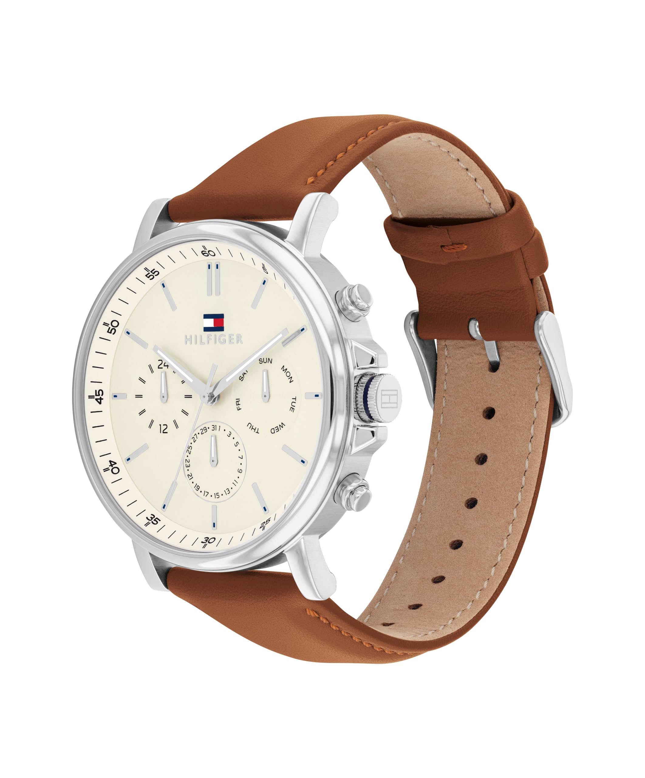 Men's Stainless Steel & Brown Leather Strap Off White Dial Analog Watch-image-40