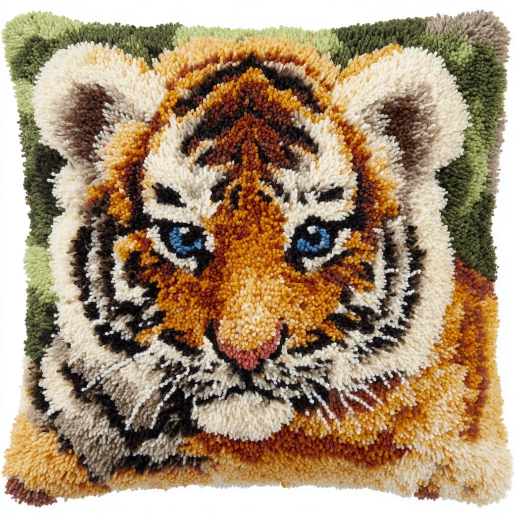 Taxpy Latch Hook Kits, Animal Tiger Cushion Craft Kits Pillow Cover Making Crochet Pre Printed Canvas Needlework Latch Hook Cushion Cover Kits,43x43cm