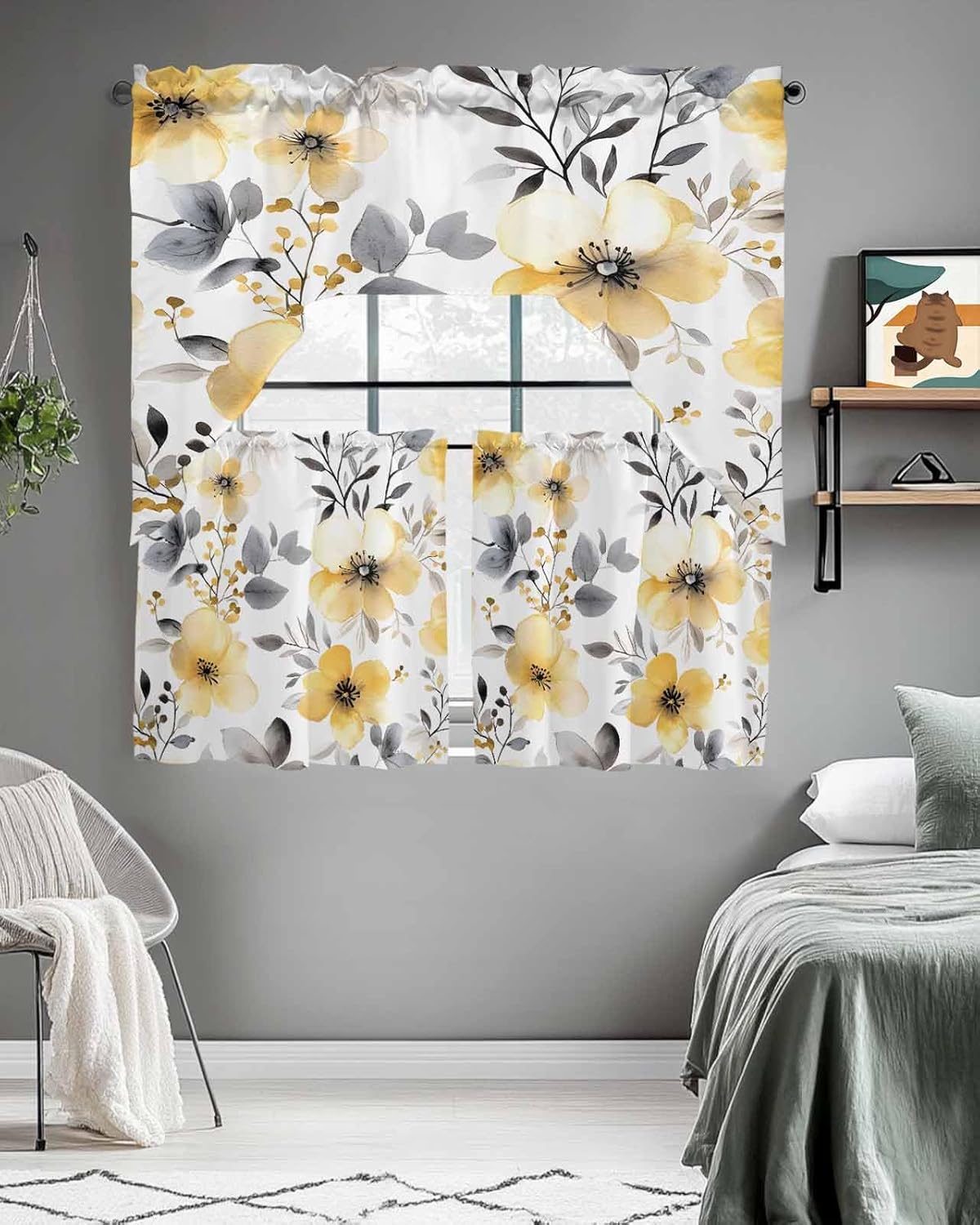 Yellow Floral Spring Kitchen Curtains Sets for Windows 3 Piece, Summer Botanical Gray Farmhouse Kitchen Curtains and Valances Tier Set 36 Inch Length Swag Curtain for Living Room Cafe Bathroom Bedroom