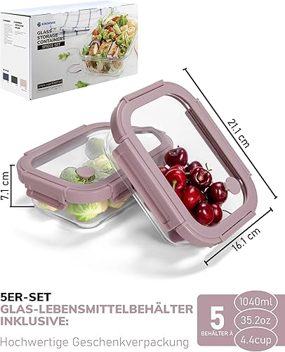 Miniatura 2 de Paquete de 5 recipientes de vidrio de borosilicato con tapas templadas, juego hermético de preparación de comidas de 35.2 oz4.4 tazas, aptos para