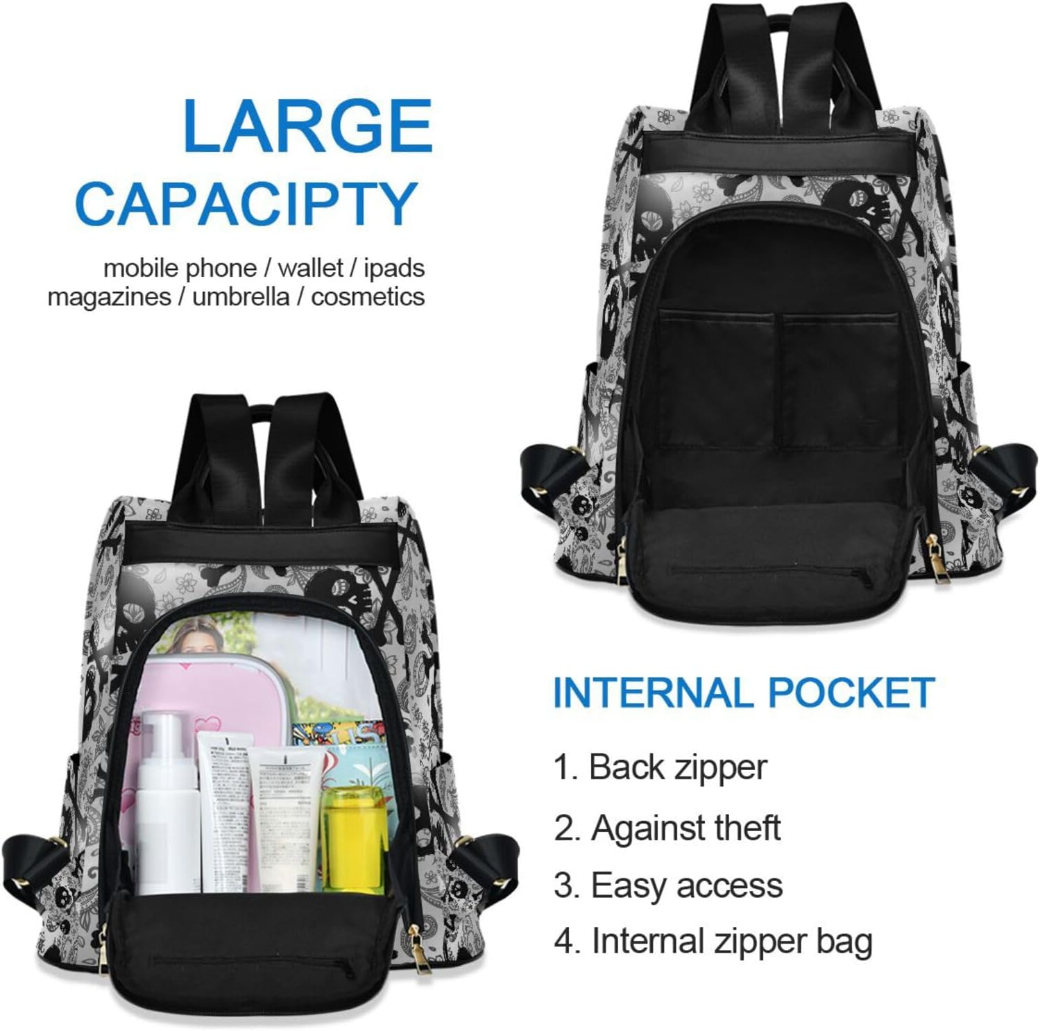 ALAZA Skull Black Gothic Backpack Purse for Women Fashion Anti-theft Handbag with Adjustable Straps Anti Theft Travel Back Pack Shoulder Bag