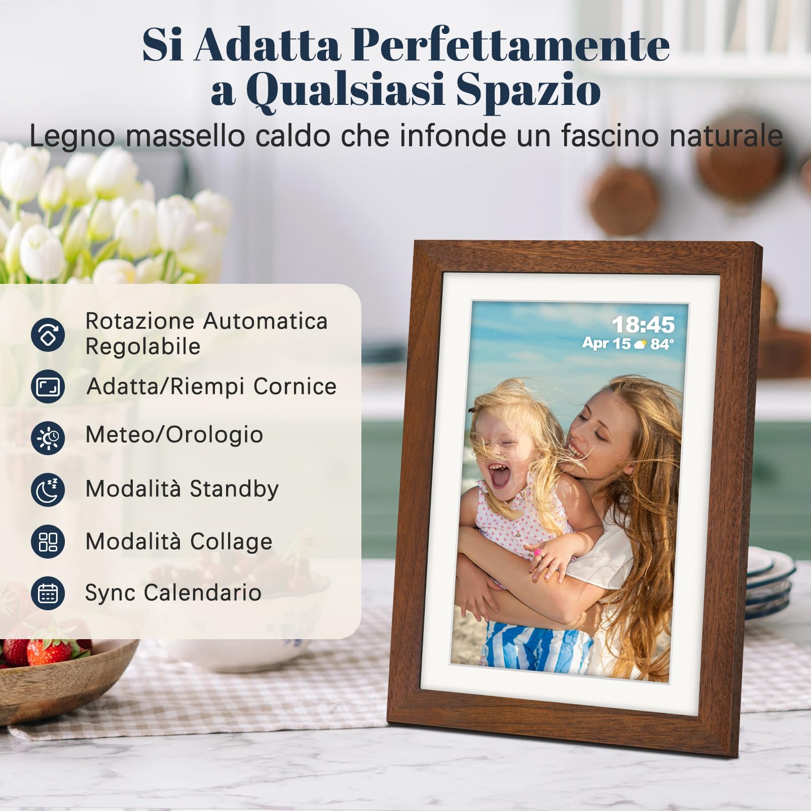 Frameo Cornice Digitale WiFi 10,1 Pollici 1280 x 800 HD IPS Touch Screen Memoria 32 GB Portafoto Digitale in Legno di Noce Rotazione Automatica Condividi Foto e Video con Frameo APP/USB/SD