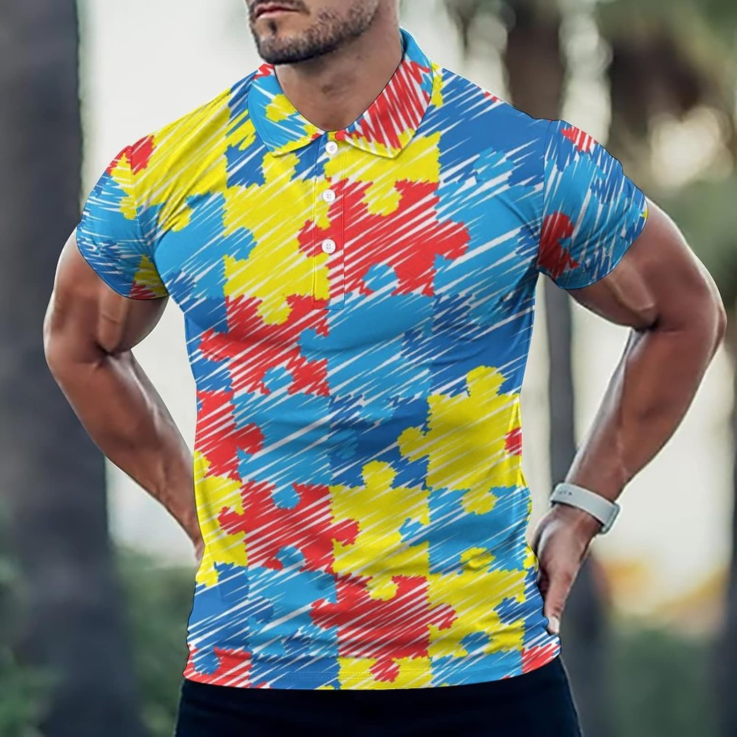 Autism Awareness Colourful Puzzle Men's Golf Polo-Shirt Casual Short Sleeve T-Shirt Classic Slim Fit Tee Tops