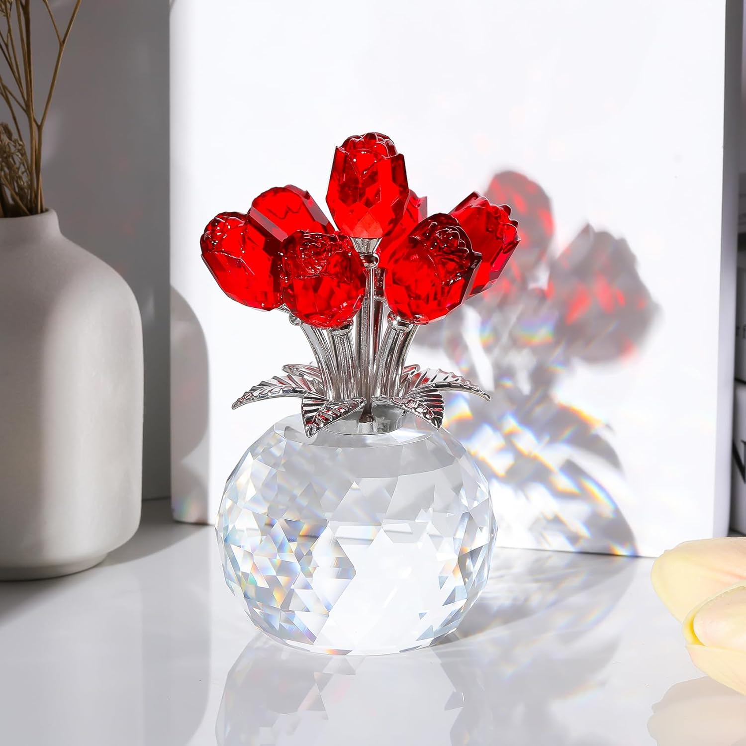 Crystal Red Rose Bouquet Figurine with Round Vase, Glass Rose Flower Romantic Gifts for Women Mom on Birthday, Collectible Decoration Table Centerpiece for Home