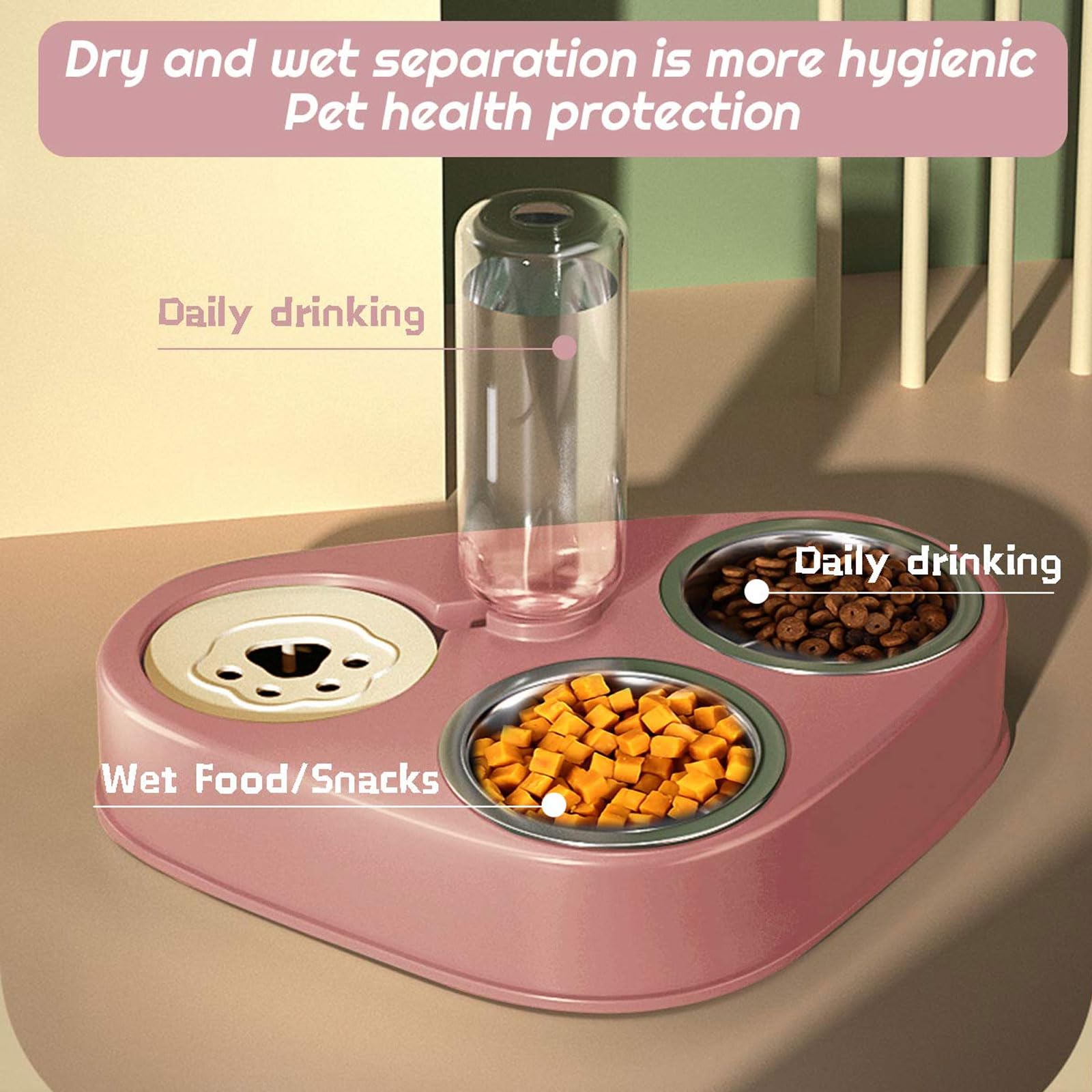 Comedero for Gatos de Acero Inoxidable 3 en 1, Doble, con depósito automático Agua for Perros y(Pink)