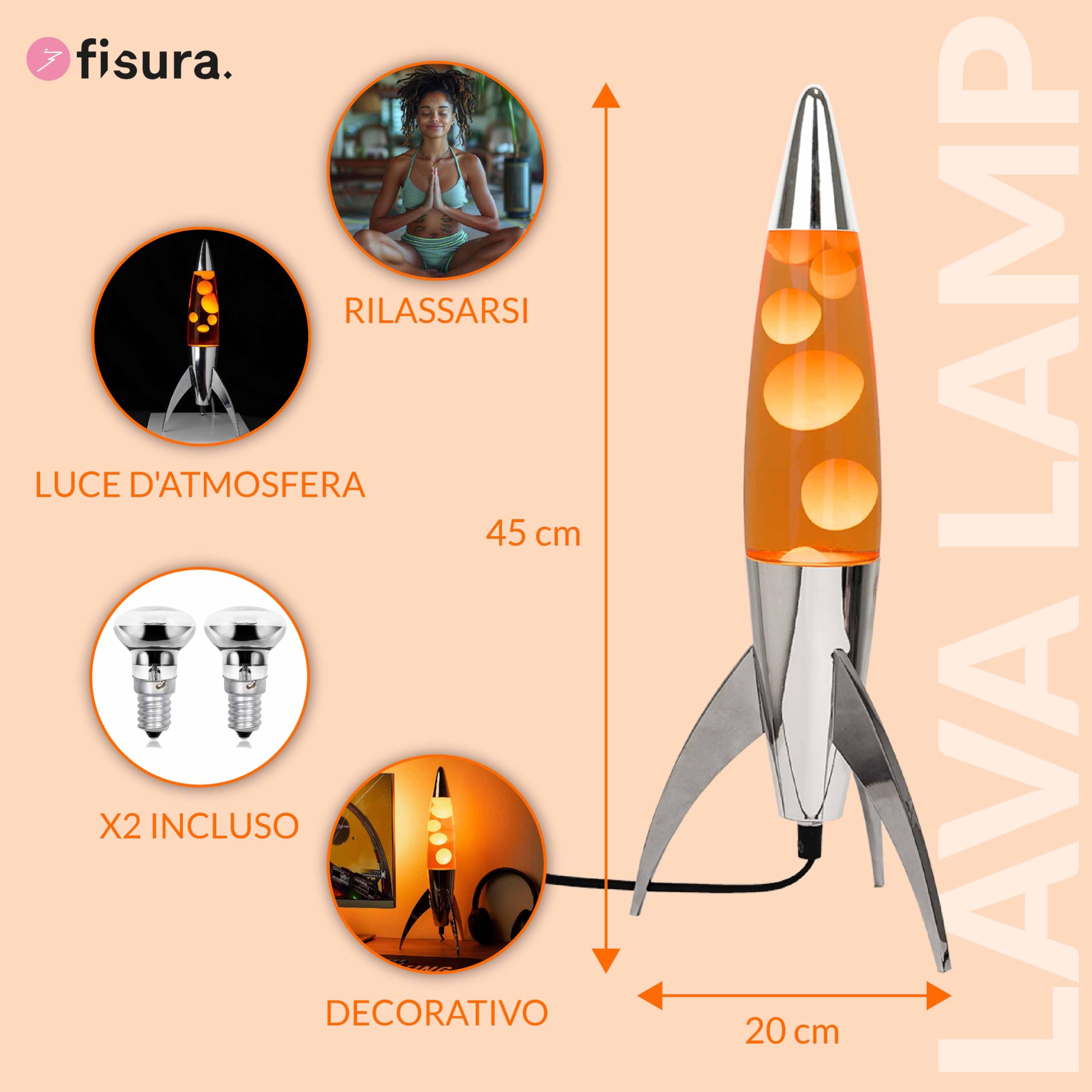 Fisura - Lampada Lava Rocket Con Base Cromata e Liquido Arancione. Lampada Retrò Con Lampadina di Ricambio. Dimensioni: 20 cm x 20 cm x 45 cm.