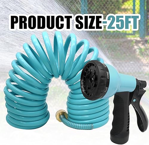 Miniatura 3 de Manguera de jardín de EVA de 25 pies, bobina de manguera de agua rizada resistente a la corrosión, incluye pulverizador de 7 patrones, retráctil