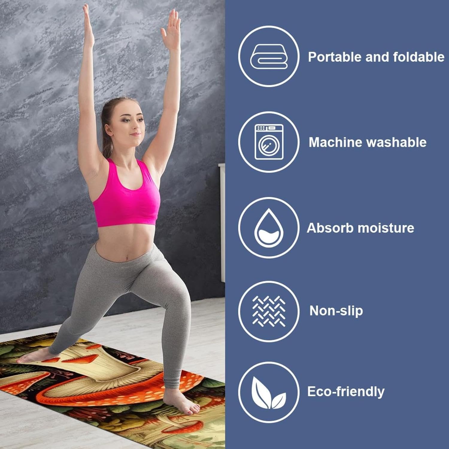 Yoga Towel, Mushroom Pattern Non Slip Sweat Absorbent Hot Yoga Mat Towel for Hot Yoga, Pilates and Fitness - 72.8" x 26.8"