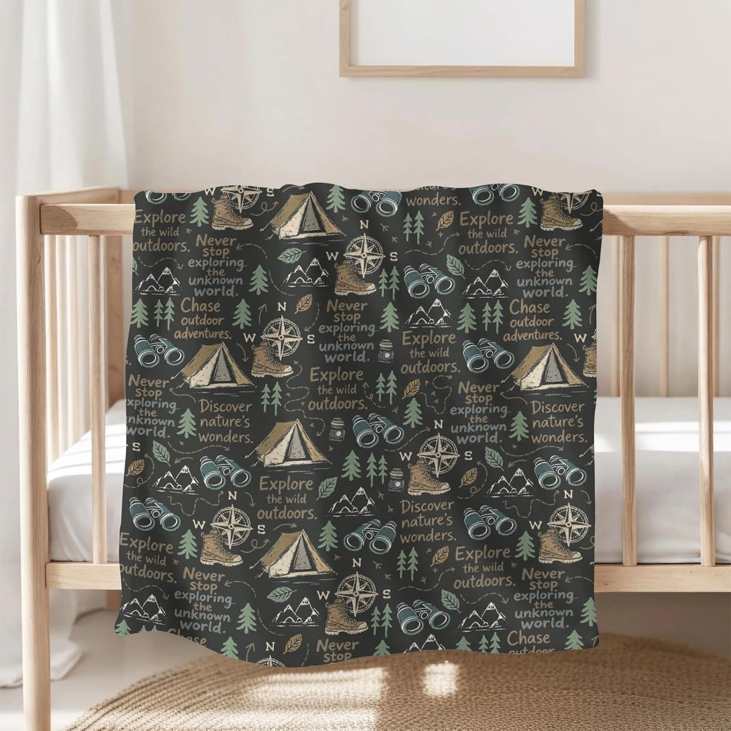 Camping Outdoor Adventure Baby Blankets for Boys Girls Camp Compass Trees Mountain Swaddle Receiving Blanket for Infant Toddler Nursery Crib Nature Lover Bed Blanket 60x80inch