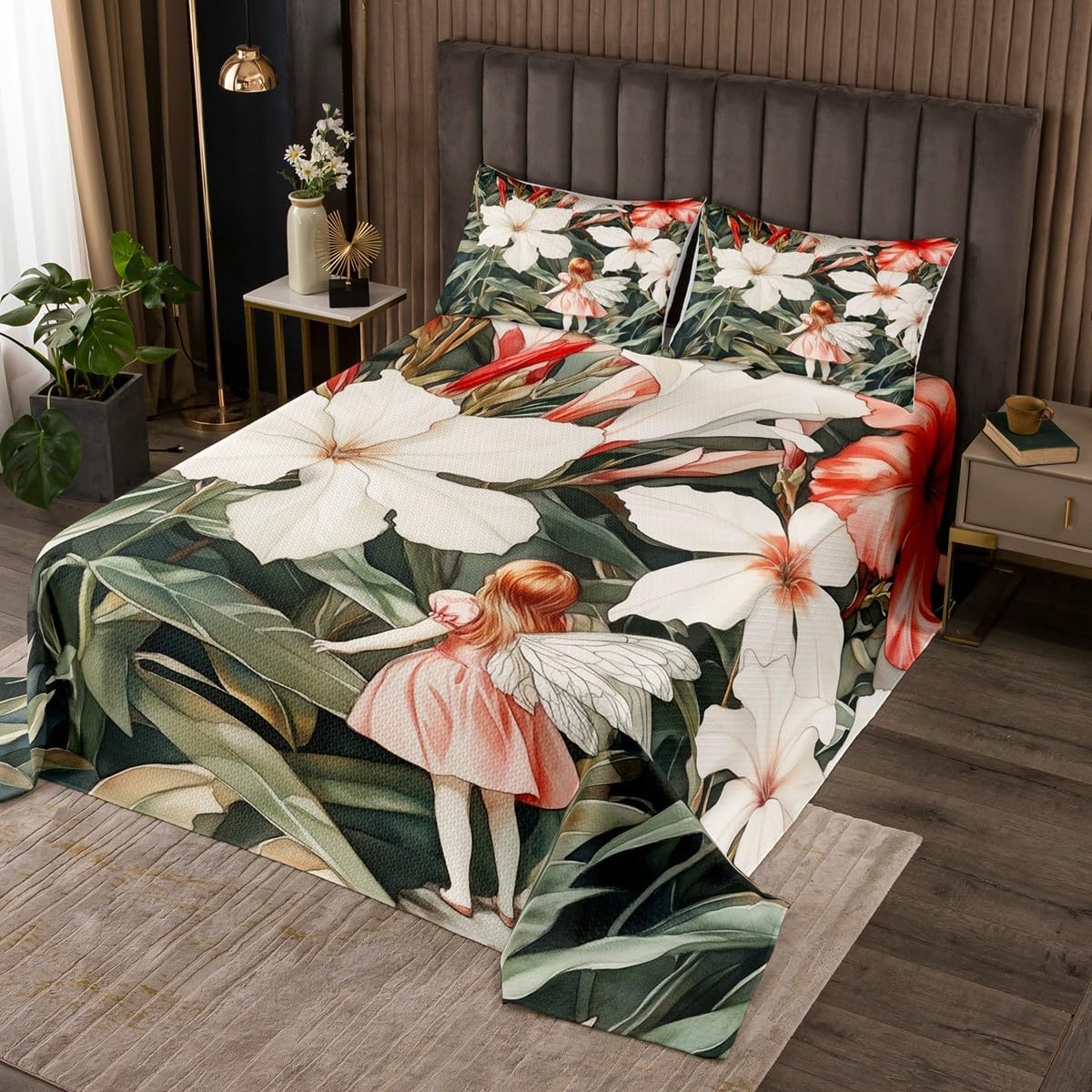 Homewish Flower Fairy Bedspread Twin Size,Blossom Flower Green Leaves Bedding Set for Kids Girls Boys Room Decor,Jungle Botanical Princess Coverlet Set 2Pcs,Nature Microfiber Quilt,1 Pillowcase