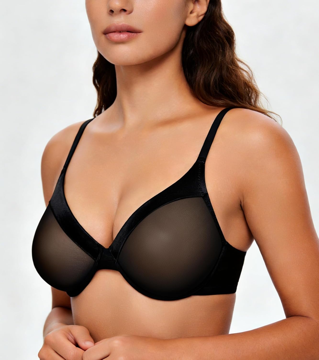 Mirry Women's Sheer Mesh Lace Bra Unlined Plunge Demi Bras Non Padded Everyday Underwire Bralette
