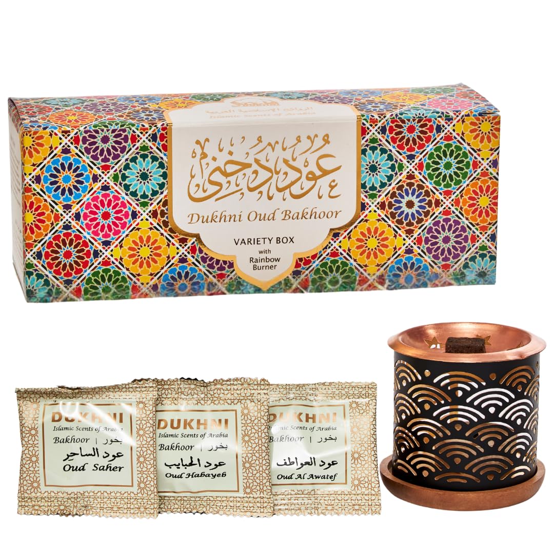 Oud Bakhoor Variety Box & Burner by Dukhni | Arabian Oudh Set with Candle Incense Burner | 20 pcs Arabic bukhoor Incense Bricks, 10 Mixed scents | Islamic, Eid & Ramadan Gifts | Home Fragrance
