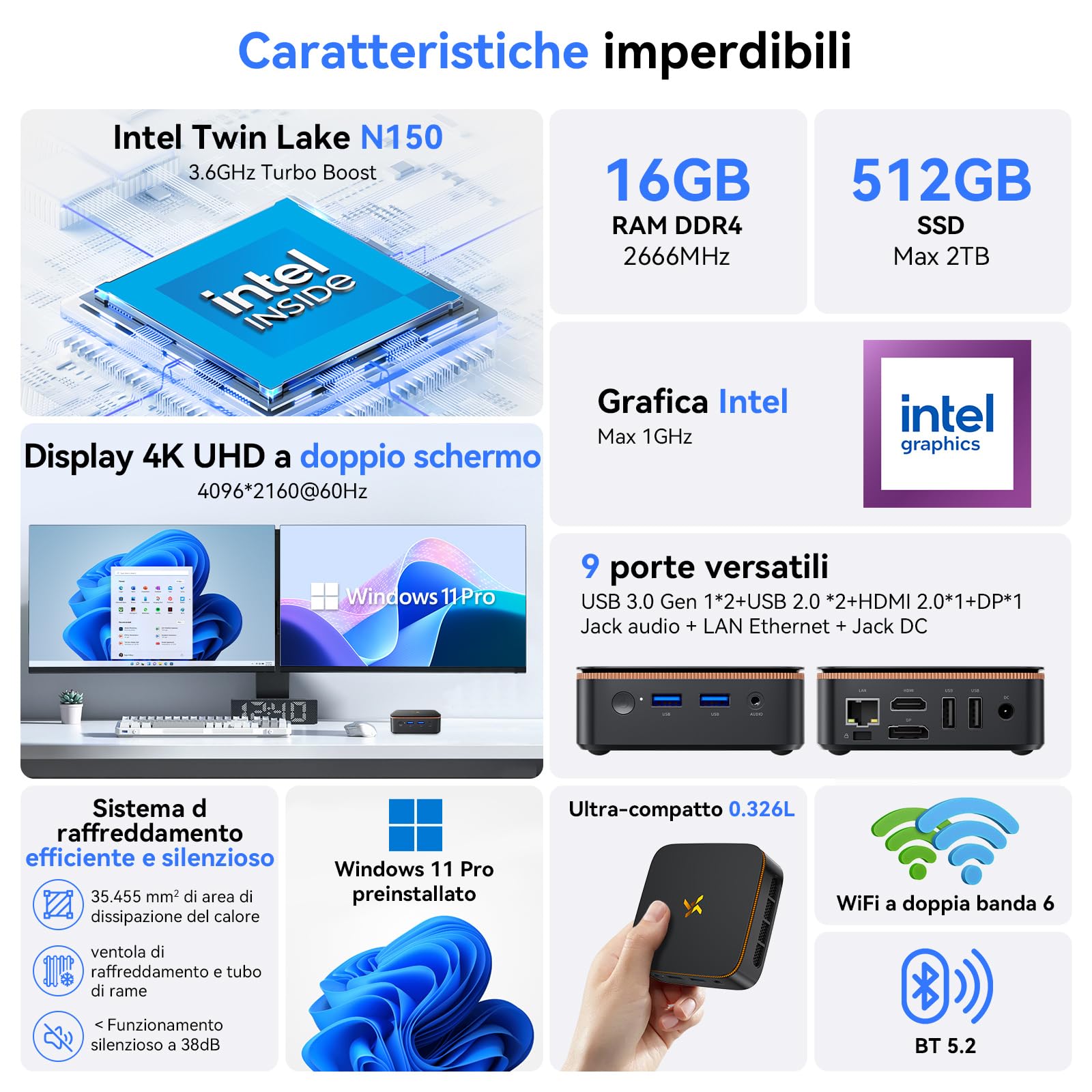 Huidun H50 Mini PC W-11 Pro, Intel Twin Lake N150 (N100/N97 aggiornato), 16 GB di RAM 512 GB di SSD Mini Computer, 4K@60Hz UHD, WiFi 6, BT 5.2, USB/HDMI/DP per lavoro/casa/scuola