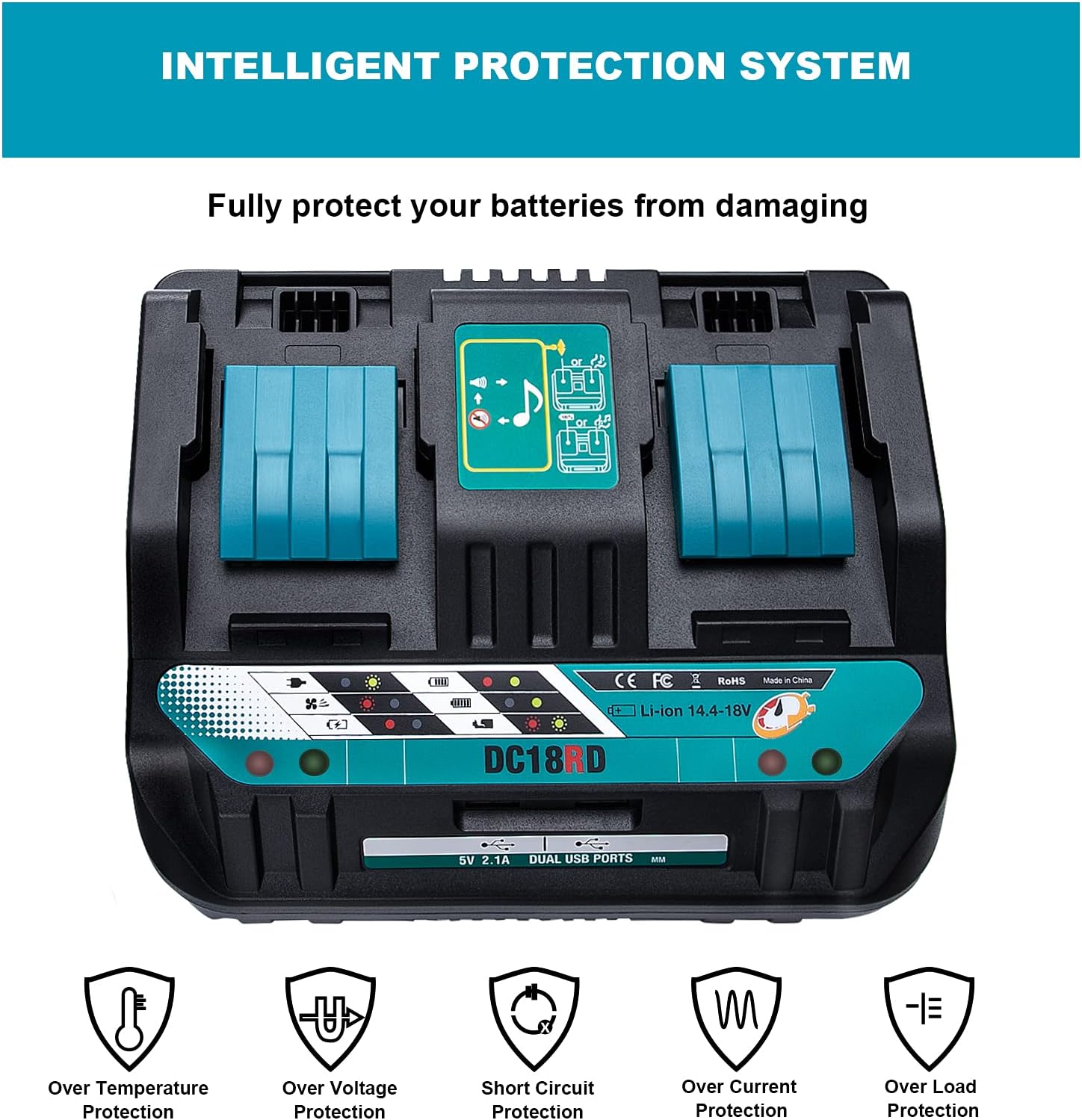 18V DC18RD Dual Ports Battery Charger for Makita 14.4V-18V LXT Lithium-Ion Battery BL1415 BL1430 BL1830 BL1840 BL1850 BL1850B BL1860B BL1860 BL1815 - Image 6