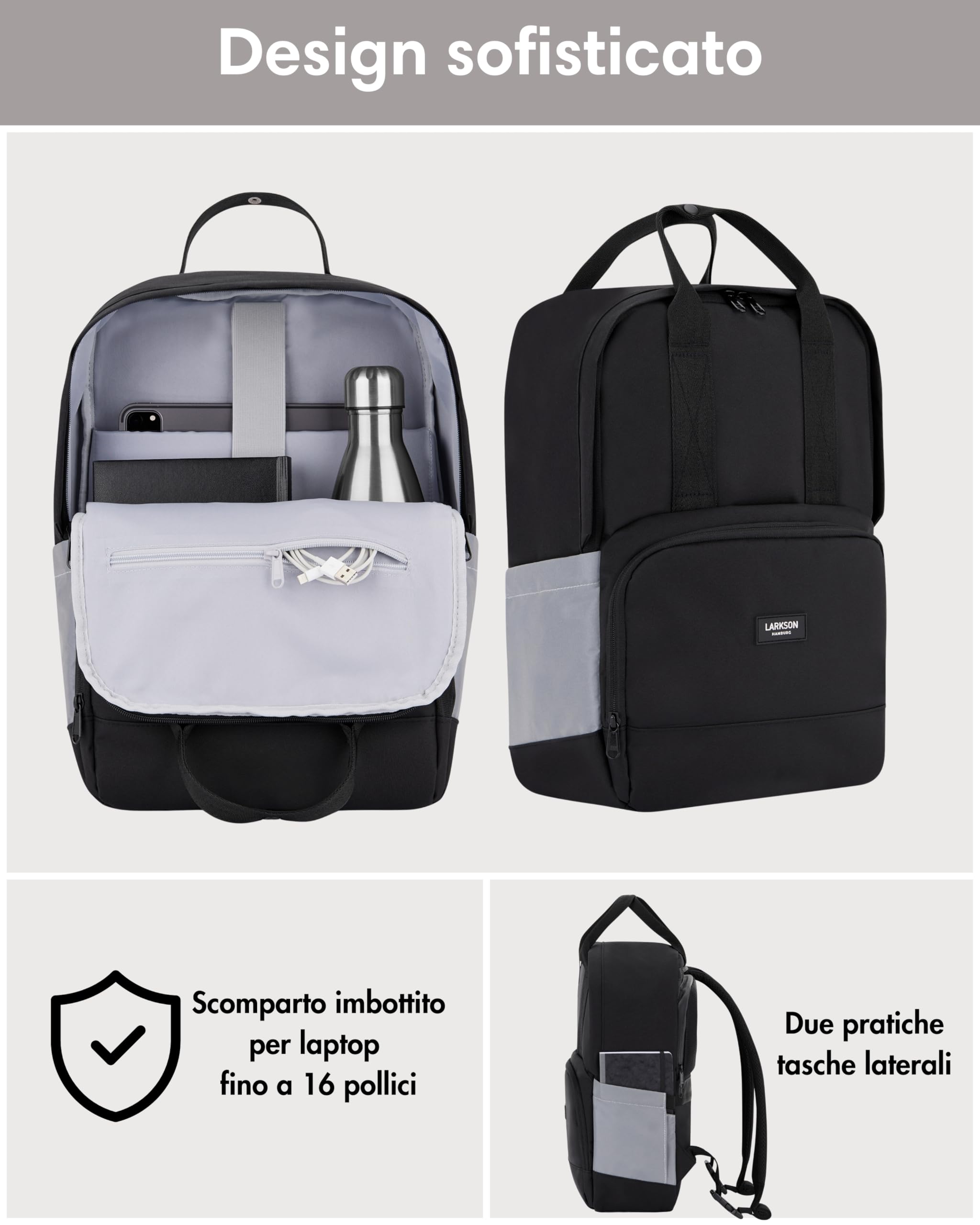 LARKSON Borsa per Bicicletta Nero Riflettente - No 6 Bike - 2 in 1 Borse Posteriori Bici Zaino Scomparto per Laptop da 16 Pollici - Accessori Cestino - Impermeabile