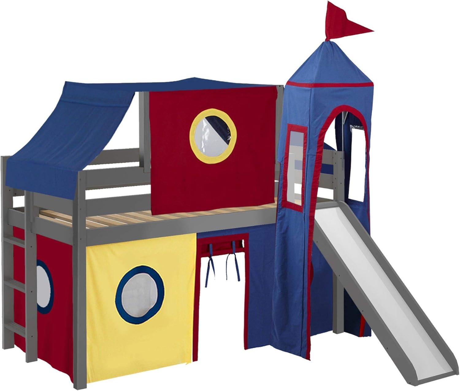 JACKPOT! Castle Low Loft Bed with Slide, Red Yellow and Blue Tent and Tower, Twin, Gray