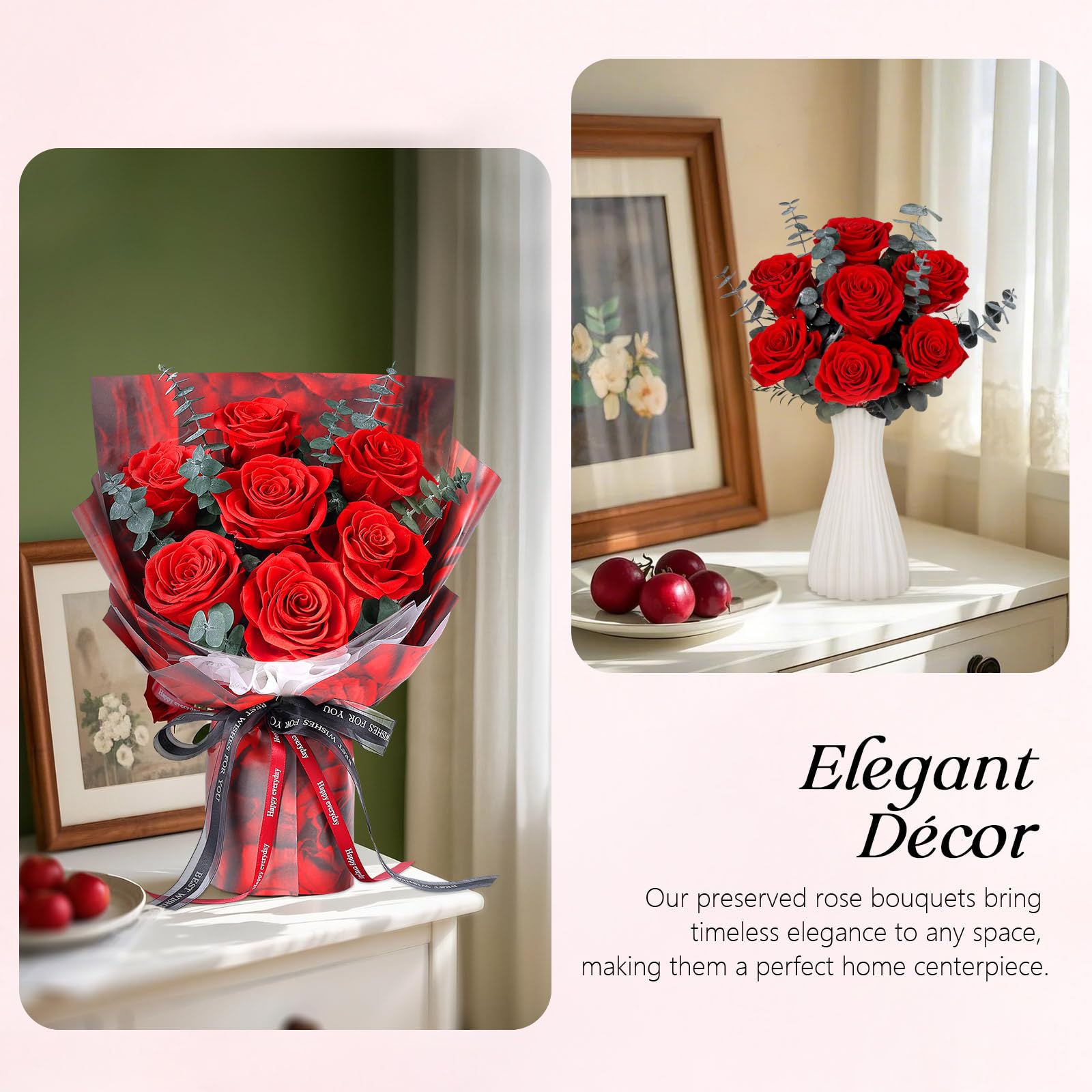 Bouquet di 7 Rose Rosse con Vaso, Rosa Stabilizzata, Fiori Eterni Conservati, Regali per Donna, Mamma, Moglie, Fidanzata, per Compleanno, Anniversario, San Valentino, Festa della Mamma