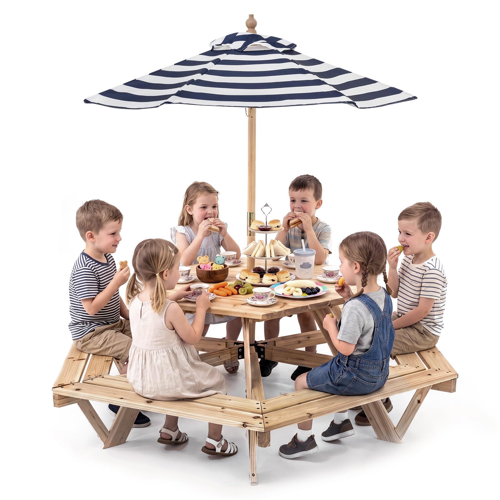LIFEZEAL Tavolo da Picnic in Legno Massello per Bambini 3-8 Anni | Tavolino Esagonale con 6 Panche Integrate e Ombrellone Rimovibile e Regolabile, Tavolo da Campeggio per Esterno e Interno
