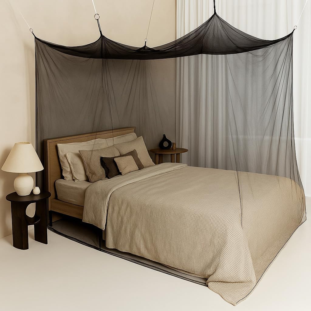 Black Mosquito Net for Single to King-Sized Beds – No Openings & 6 Hanging Loops – Decorative Rectangular Shape for Home & Travel – Bed Canopy Hanging Kit & Carrying Bag Included