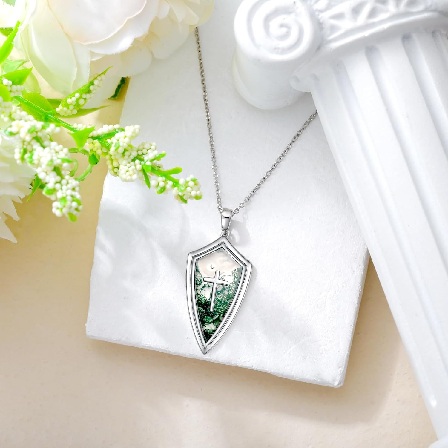 Cross Moss Agate Necklace for Women S925 Sterling Silver Moss Agate Necklace for Women Handmade Silver Pendant Fine Jewelry Gifts for Mother’s Day Women Her - Image 3
