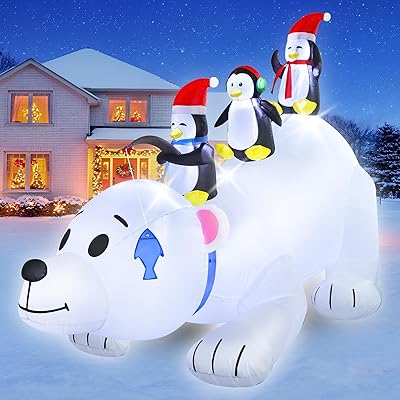 FunFanso 8FT Christmas Inflatable Polar Bear with Penguins Outdoor Yard Decorations, Blow up 3 Penguins Fishing on Big Polar Bear with Bright LED Lights for Indoor Xmas Decor Outside Garden Lawn