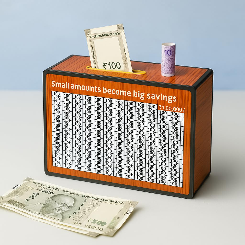 Vasu Creation Wooden Daily Savings Box with Chart, Money Collection Bank for Rs. 100000, Brown