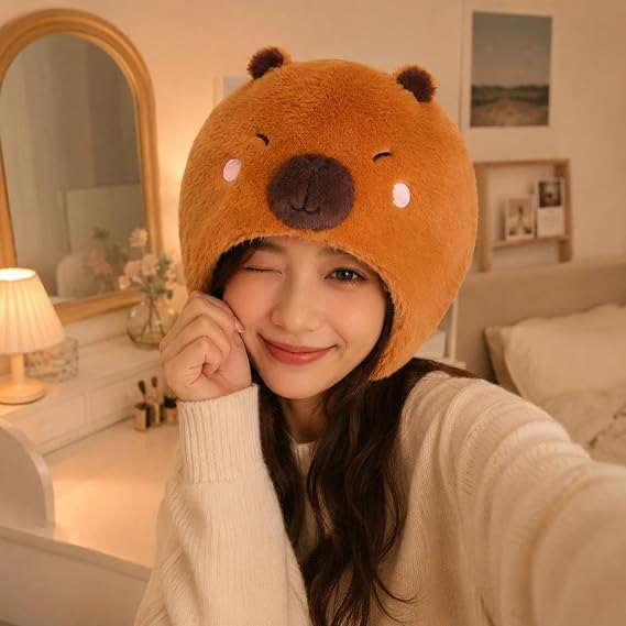 LOGOFUN Plush Capybara Hat Furry Animal Headgear for Cosplay Party