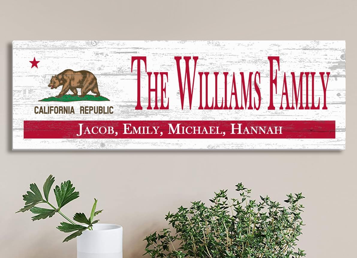 Custom California Flag Sign Personalized Name - Solid Wood - 16.in x 5.5in - For Californian Family Home, California Couple Wedding Gift, or Man Cave