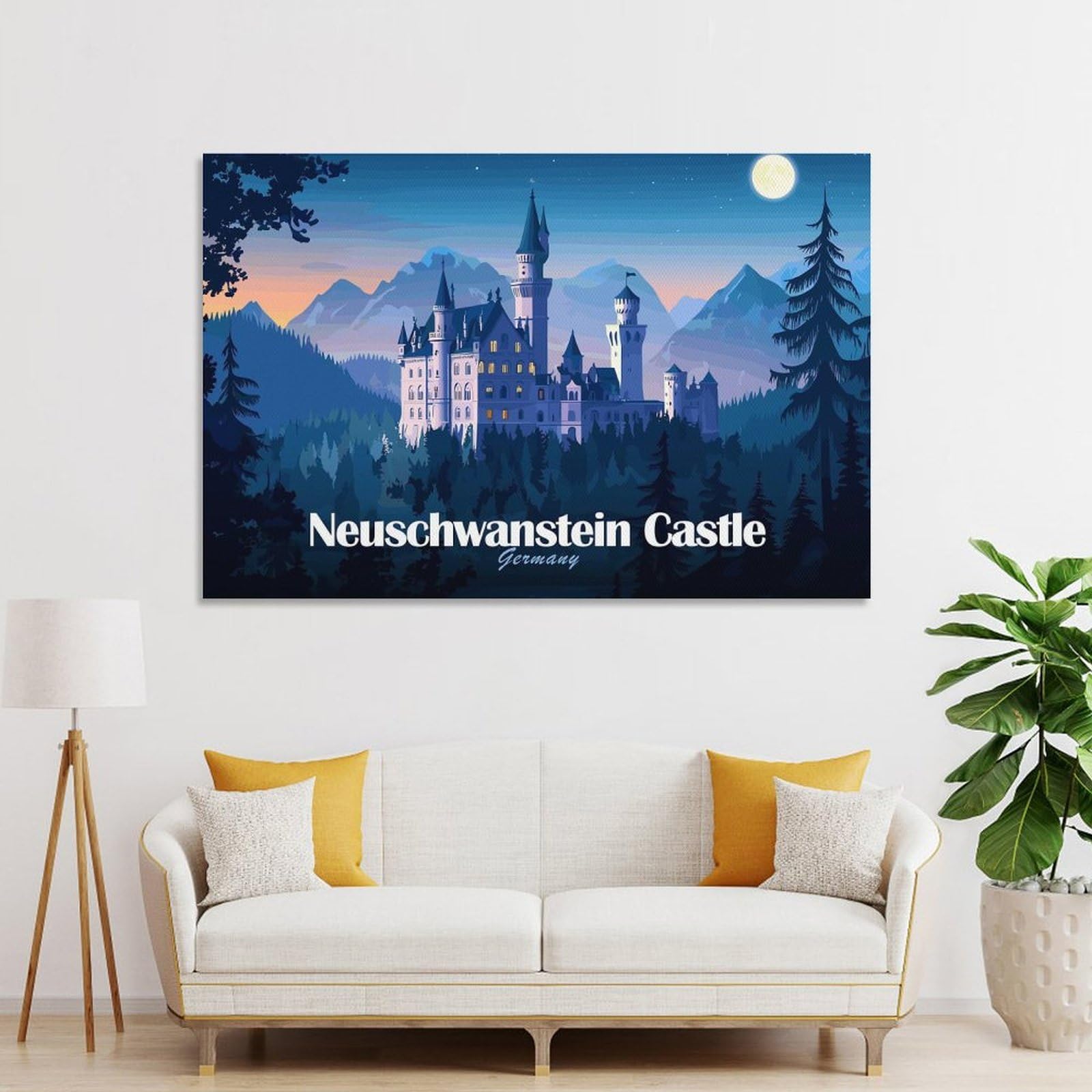 Junmoney Unframe-Style-6 Neuschwanstein Castle, Germany At Night Decorative Wall Artwork, 24X36inch(60X90cm), For Work Areas, Reading Rooms Or Studios, Wall Art That Adds Style To Work Areas