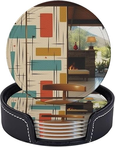 Juego de 6 posavasos modernos de mediados de siglo con soporte de cuero, protector de mesa para bar, decoración de tazas, almohadilla para mesa de