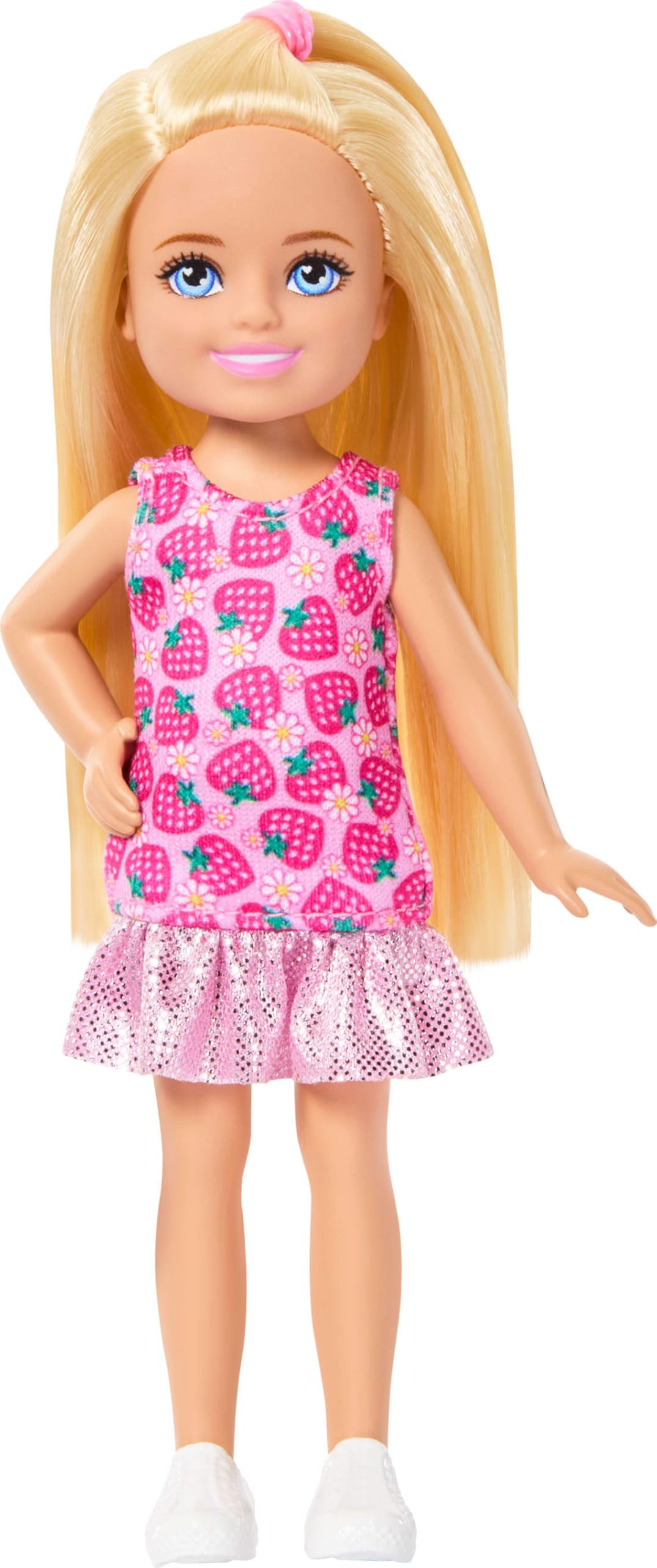 Barbie Club Chelsea Small Doll, 6-Inch with Blonde Hair Wearing Removable Strawberry-Print Dress & Shoes, JJB33