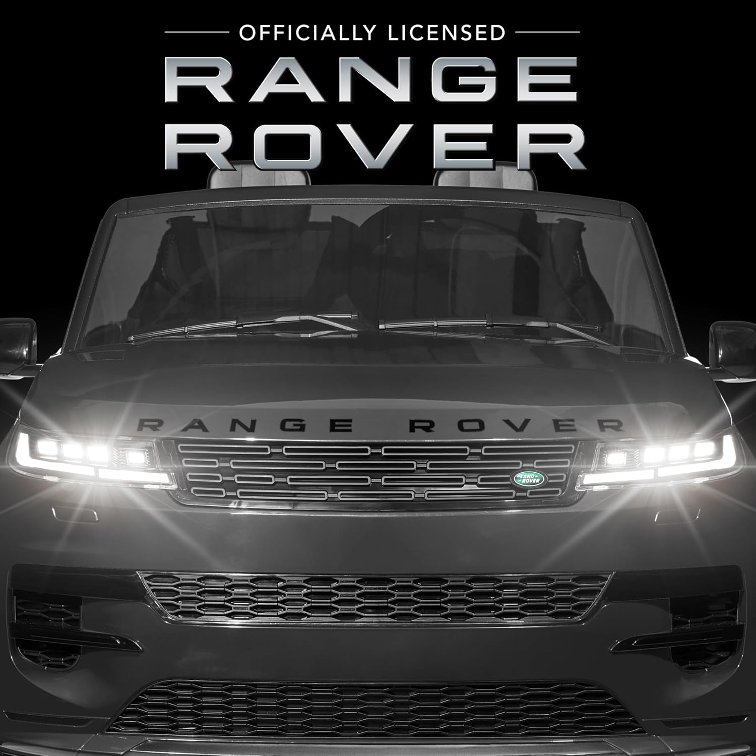 Gaba view of the black Range Rover ride-on car with 'OFFICIALLY LICENSED RANGE ROVER' text above it.